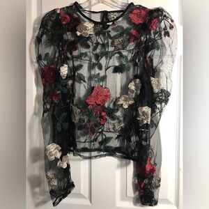 SHEIN Embroidered Rose Sheer Black Mesh Puff Sleeves Top L
